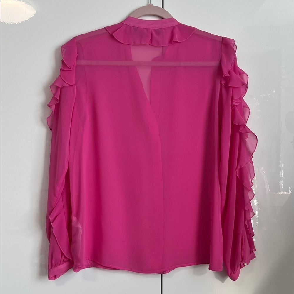 ZARA Fuchsia Ruffle Sleeve Blouse Mandarin Collar Pearl Buttons, Size M - Picture 8 of 11